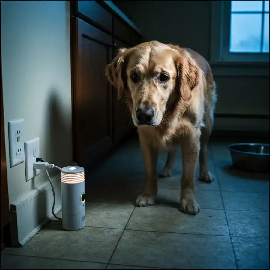 Golden Retriever staring anxiously at an ultrasonic repeller plugged into a kitchen wall outlet.