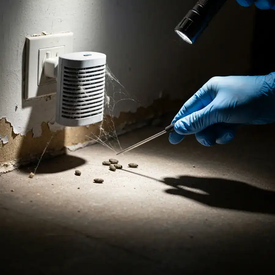 Gloved hand pointing to mouse droppings next to an ultrasonic repeller plugged into a dusty basement wall outlet.