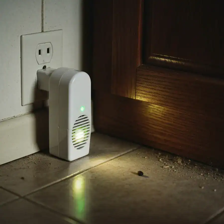 Plastic ultrasonic repeller plugged into a wall outlet beside a dark cabinet corner with dust and floor debris.