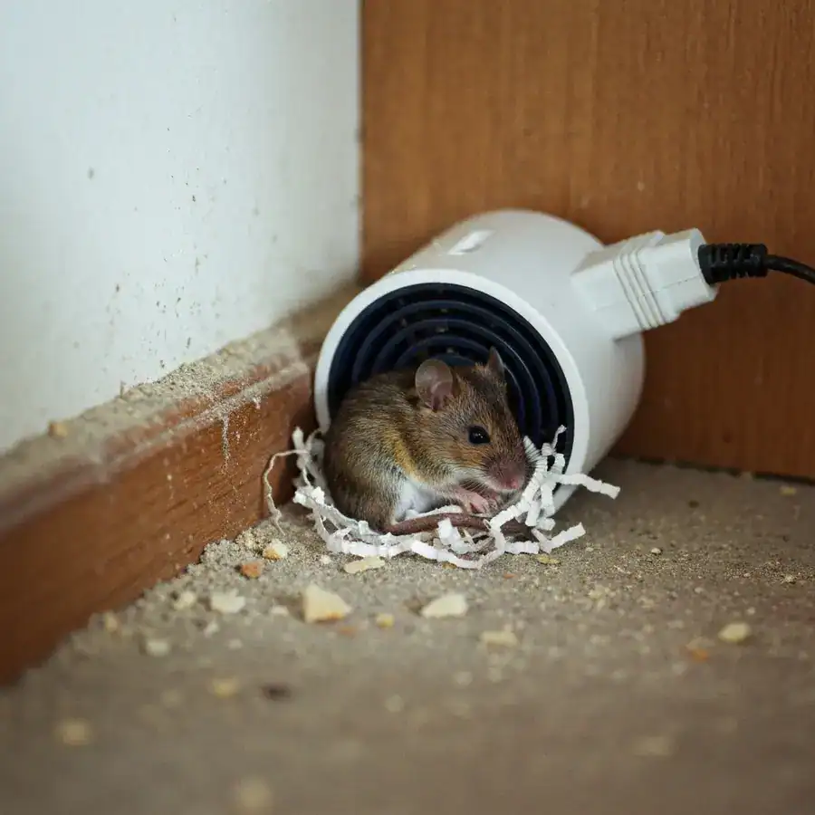 Small mouse nesting against an ultrasonic repeller device in a dusty, crumb-strewn kitchen corner.