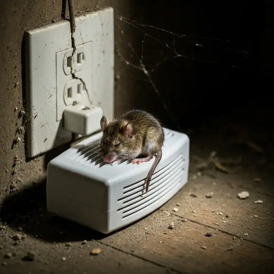 Close-up of a wild mouse sleeping on an active ultrasonic repeller plugged into a dusty, dark basement wall outlet.