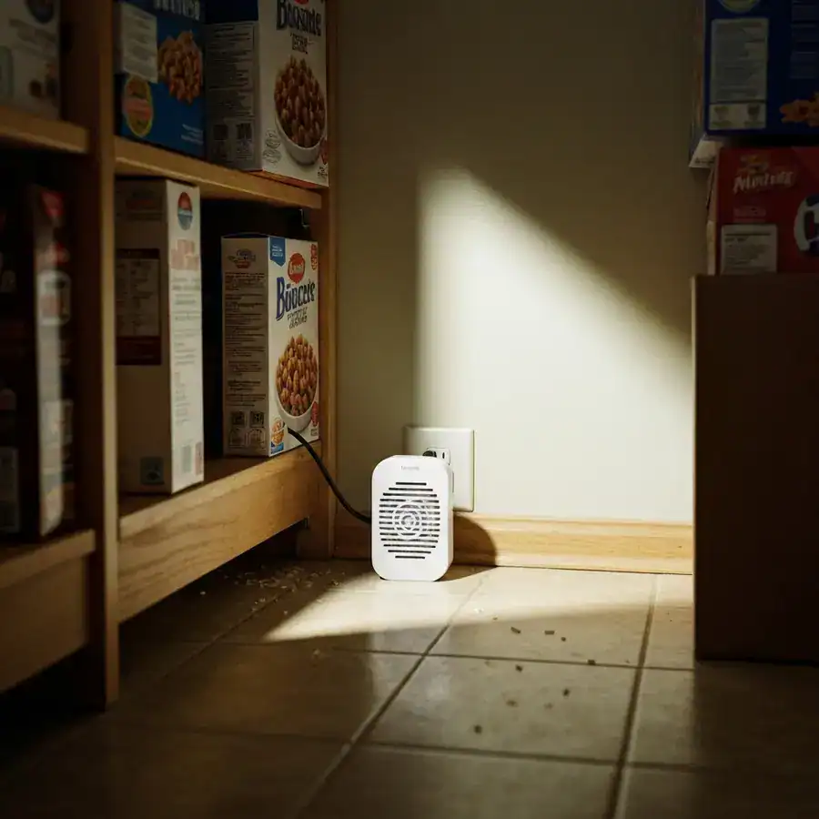 Ultrasonic device plugged into a pantry outlet near cereal boxes on a hard floor.