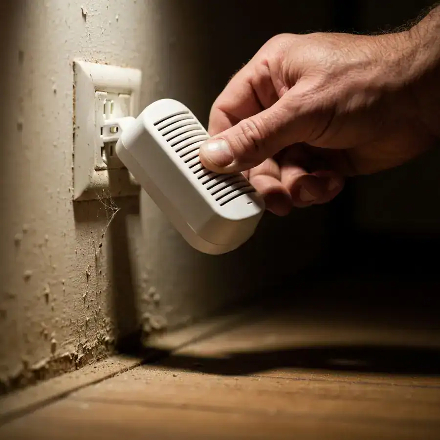 Hand plugging a white ultrasonic repeller into a dusty, grime-streaked wall outlet near a basement baseboard.