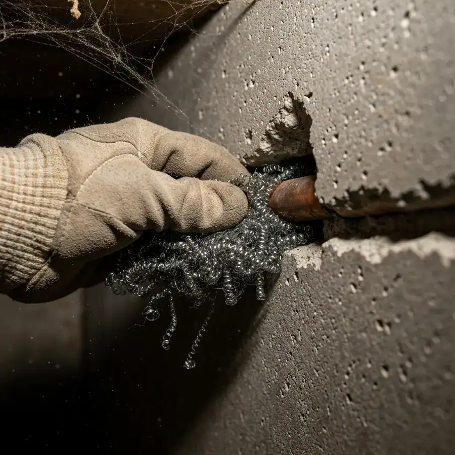 Gloved hand stuffing steel wool into a gap around a copper pipe in a gritty concrete basement foundation.