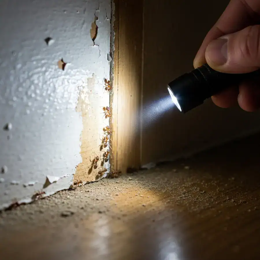 Ants bypassing a damp vinegar trail on a dusty kitchen baseboard under a technician's flashlight beam.