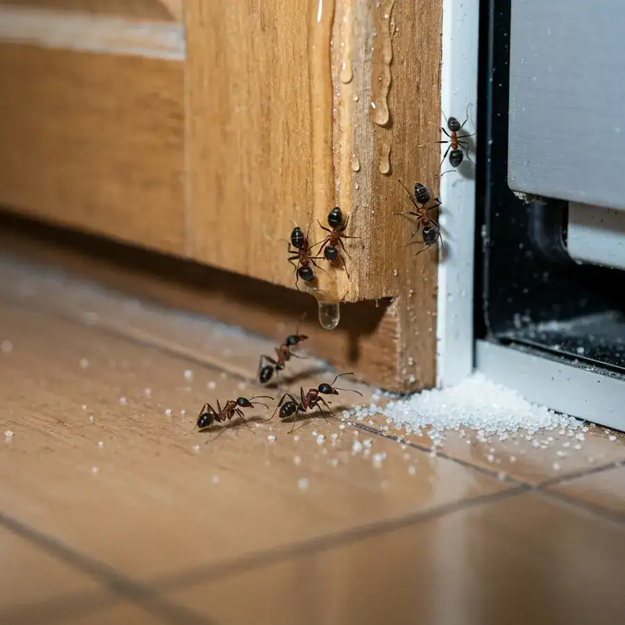 Close-up of ants scattering and detouring around a vinegar-treated kitchen baseboard near a dishwasher gap.