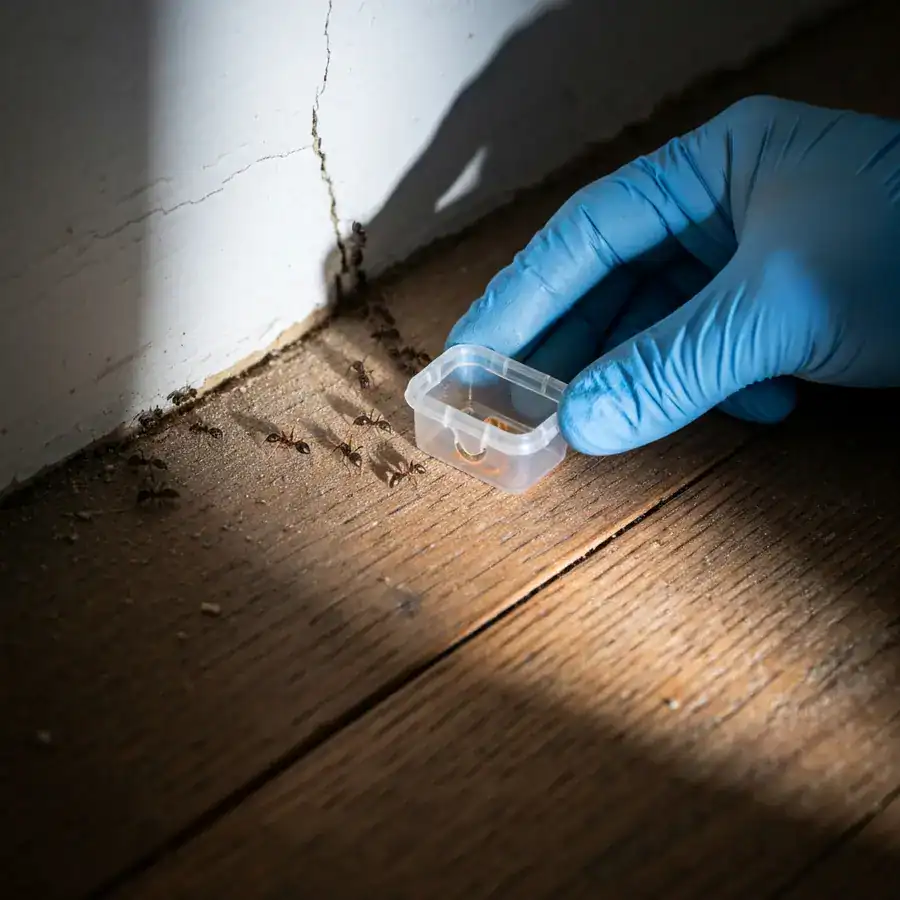 Gloved hand placing a liquid ant bait station near a trail of ants on a dusty, cracked baseboard.