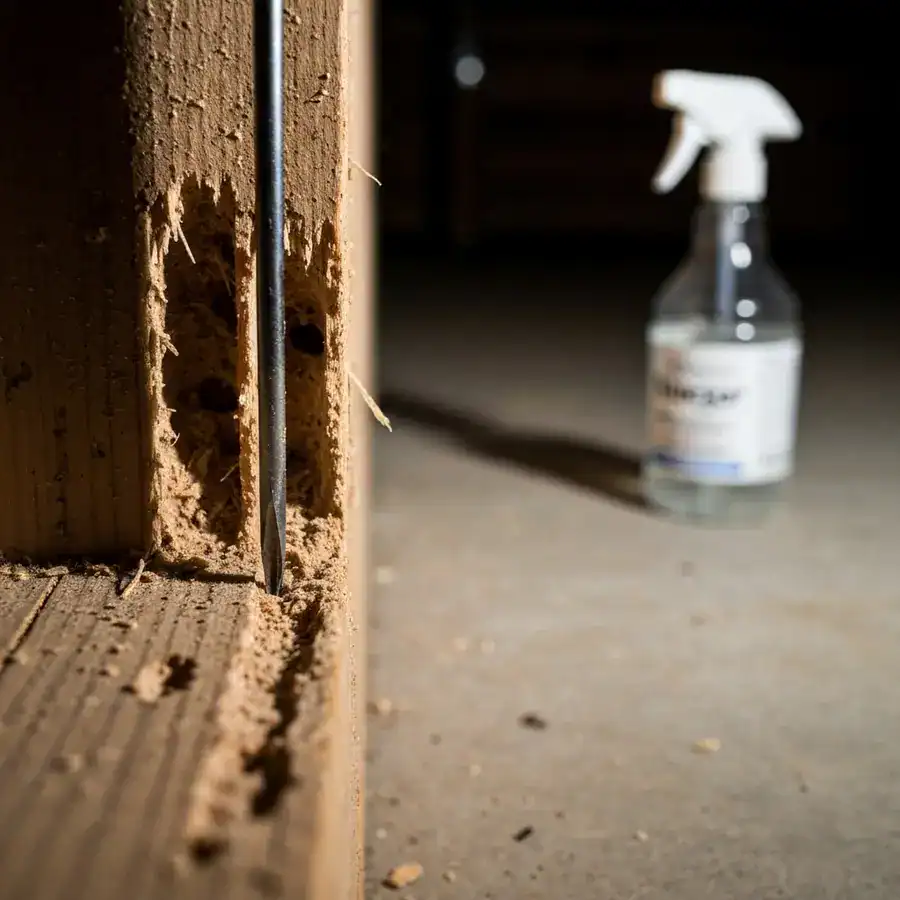 Screwdriver probing ant-damaged wood galleries in a dark basement near a blurred vinegar spray bottle.