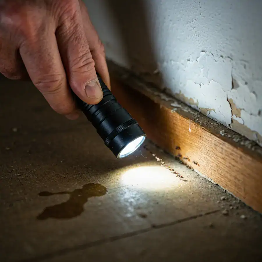 Flashlight beam illuminating scout ants emerging from a cracked baseboard in a dimly lit room.