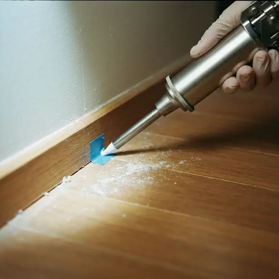 Close-up of a caulking gun sealing a crack in a kitchen baseboard marked with blue tape to prevent ant entry.