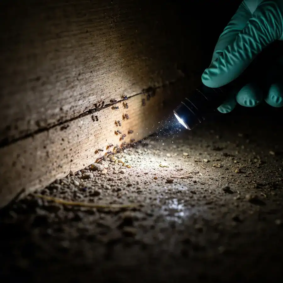 Gloved hand pointing a flashlight at ants emerging from a cracked, damp wooden baseboard in a dark room.