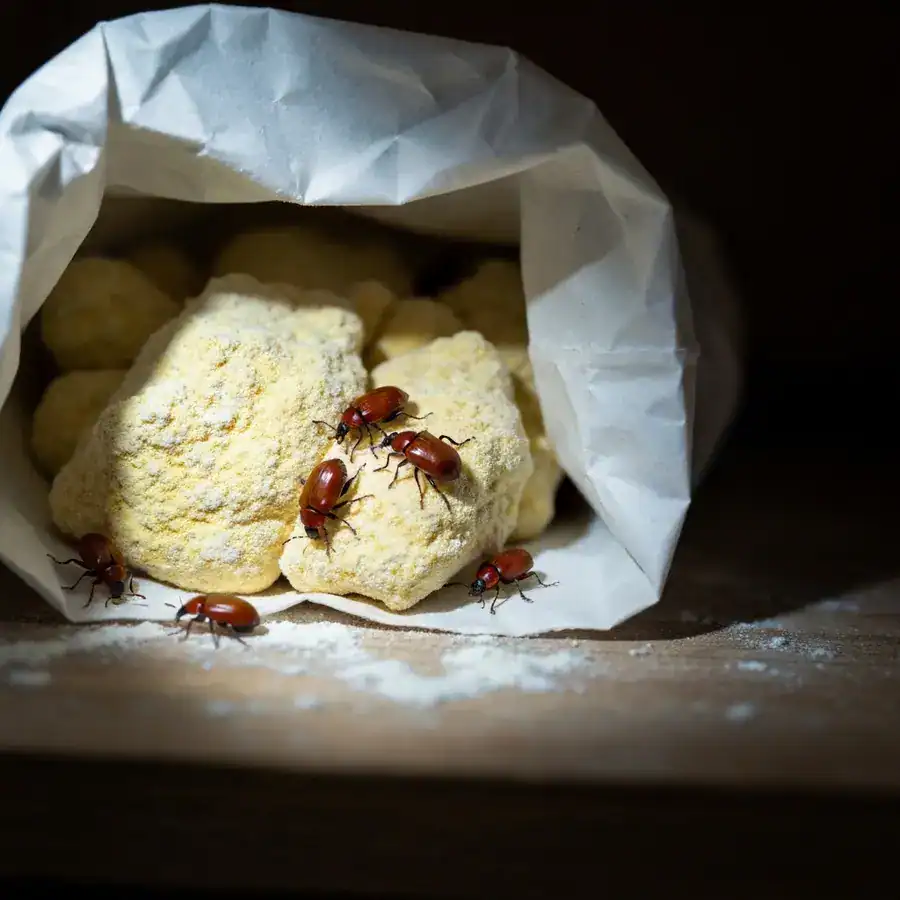 Red flour beetles scurrying across a clump of discolored flour inside a crinkled paper bag in a dark pantry.