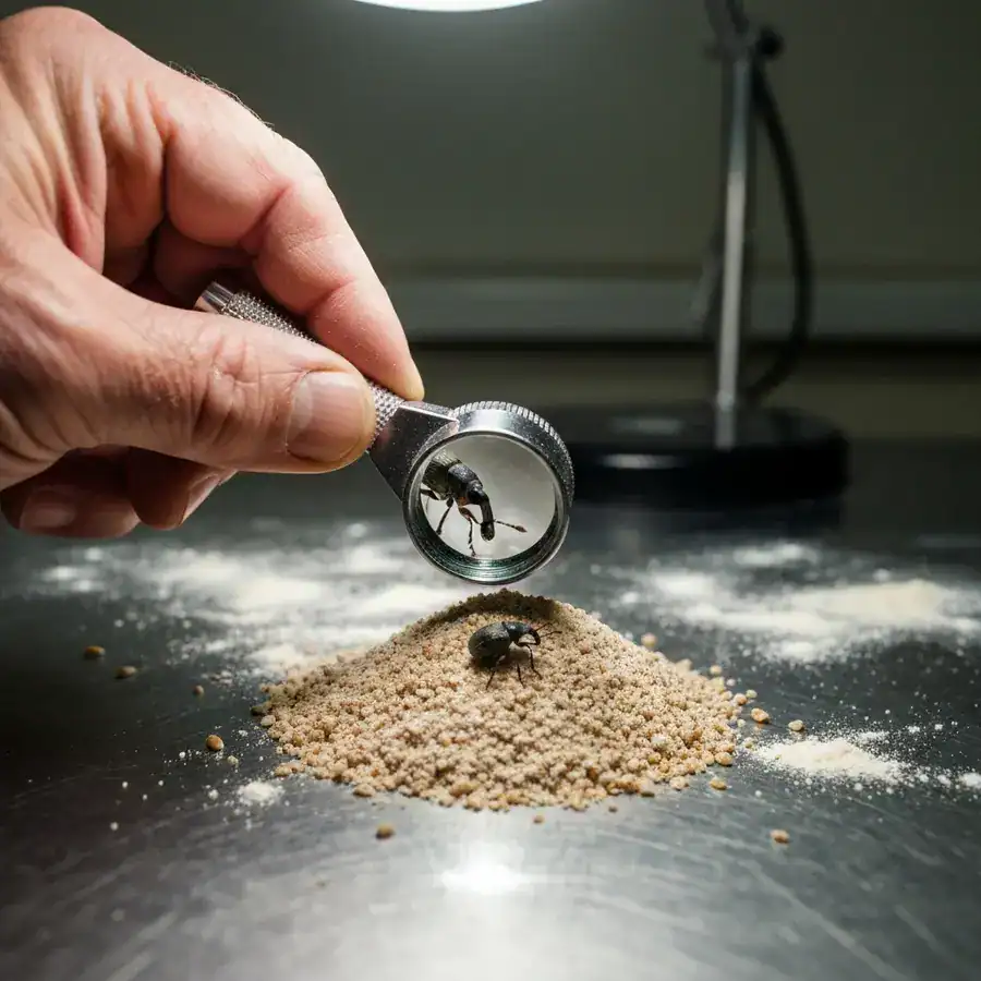 Magnifying loupe held over a granary weevil in a mound of flour on a scratched laboratory workbench.