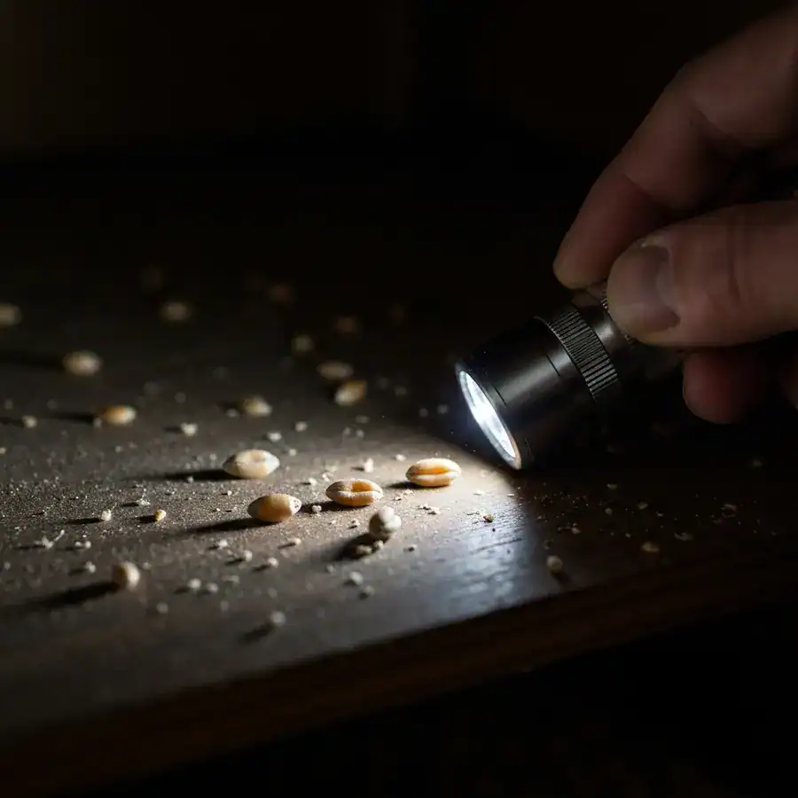 Wheat grains with tiny bore holes being inspected by a flashlight on a dusty wooden pantry shelf.