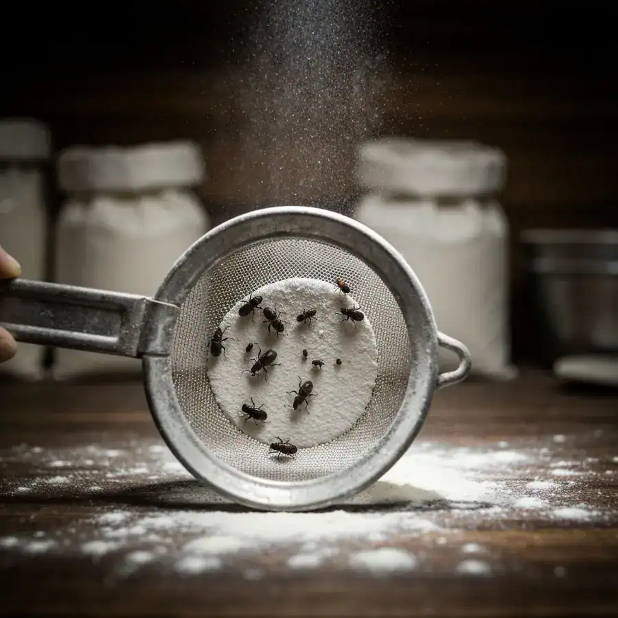Close-up of a metal sifter trapping tiny dark weevils against white flour on a weathered wooden pantry table.