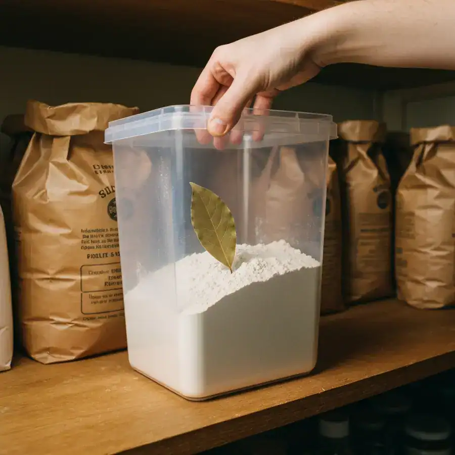 Bay leaf inside a thick polycarbonate flour container being placed on a wooden pantry shelf for pest prevention.