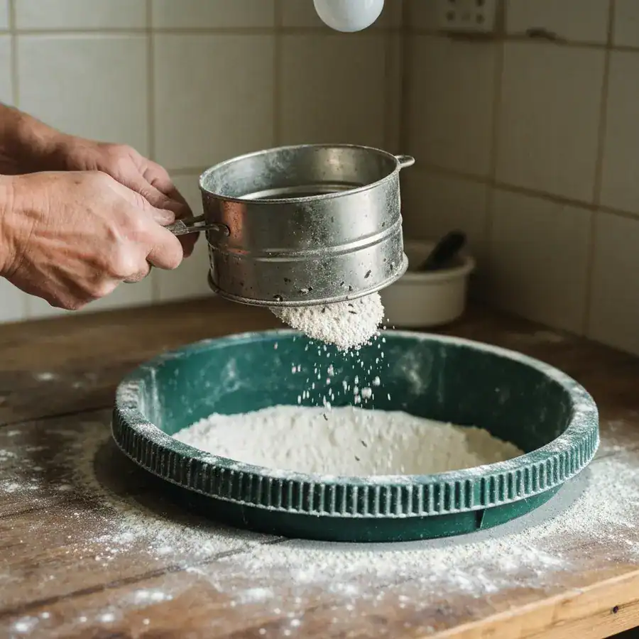 Hands sifting weevil-infested flour into a compost bin on a dust-covered wooden kitchen table.