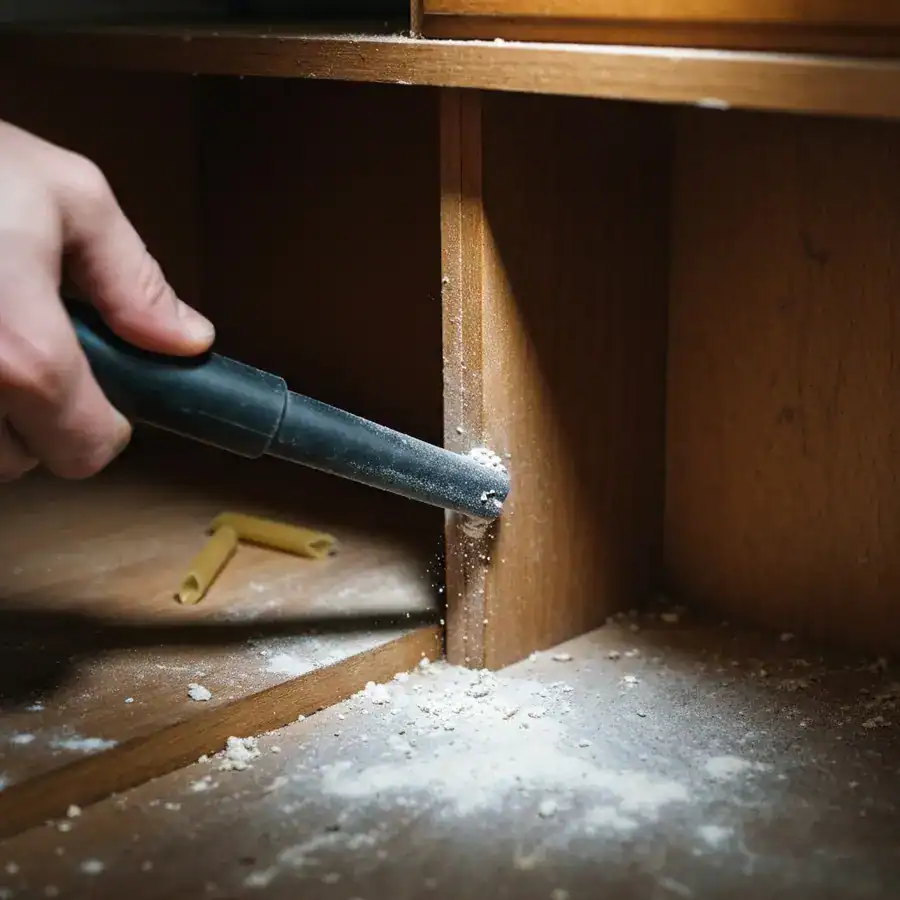 Vacuum nozzle suctioning flour dust and debris from a deep wooden cabinet corner crevice.