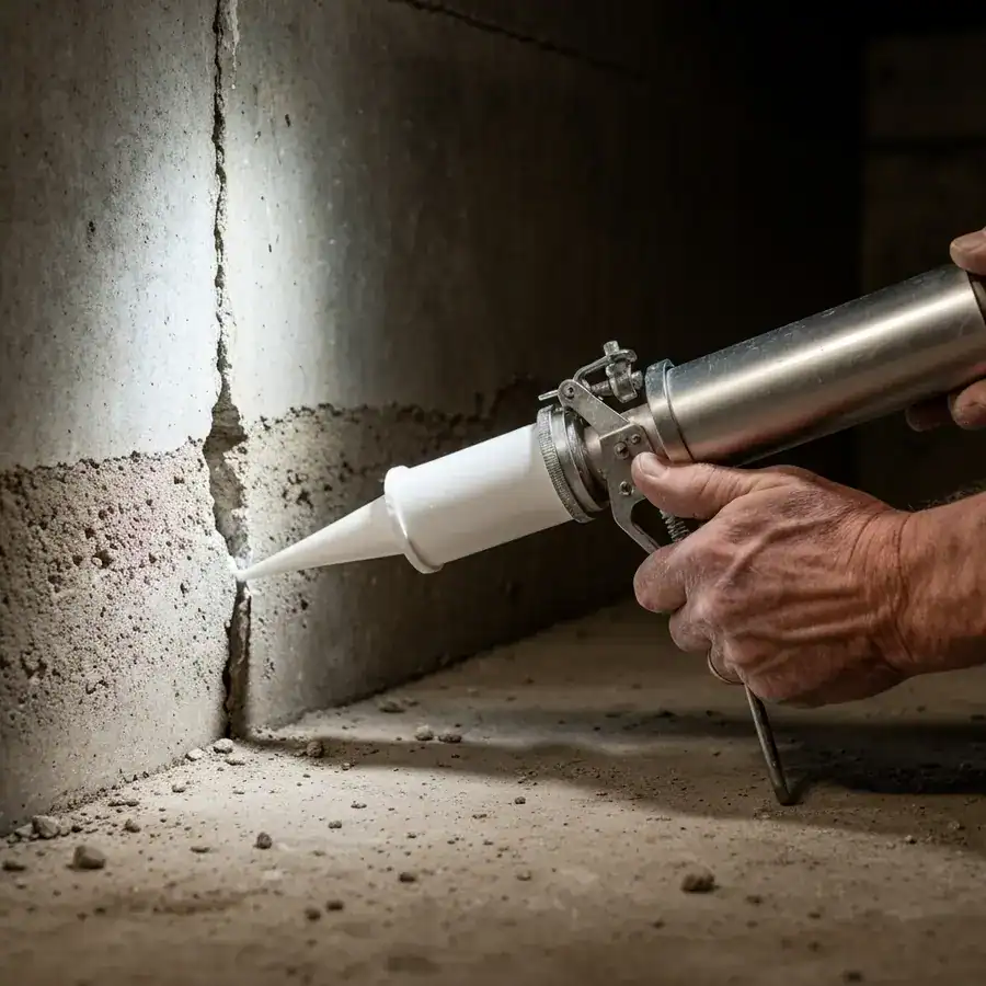 Close-up of a hand applying caulk to a jagged foundation crack in a dusty, dimly lit concrete basement.