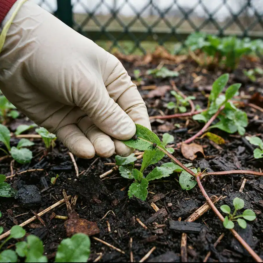 Gloved hand inspecting a leaf for ticks in a damp, native garden during an early spring monitoring phase.