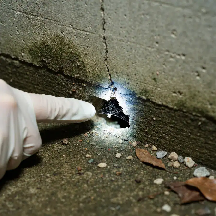 Gloved finger pointing a flashlight at a crack in a concrete wall to identify a pest entry point.