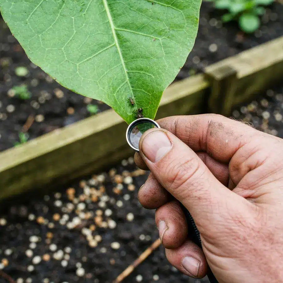 Close-up of a hand holding a magnifying loupe over a leaf to inspect for pests in a damp garden bed.