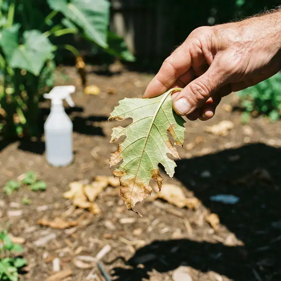 Close-up of a sun-scorched plant leaf with brown burn marks held by a hand in a bright backyard garden.