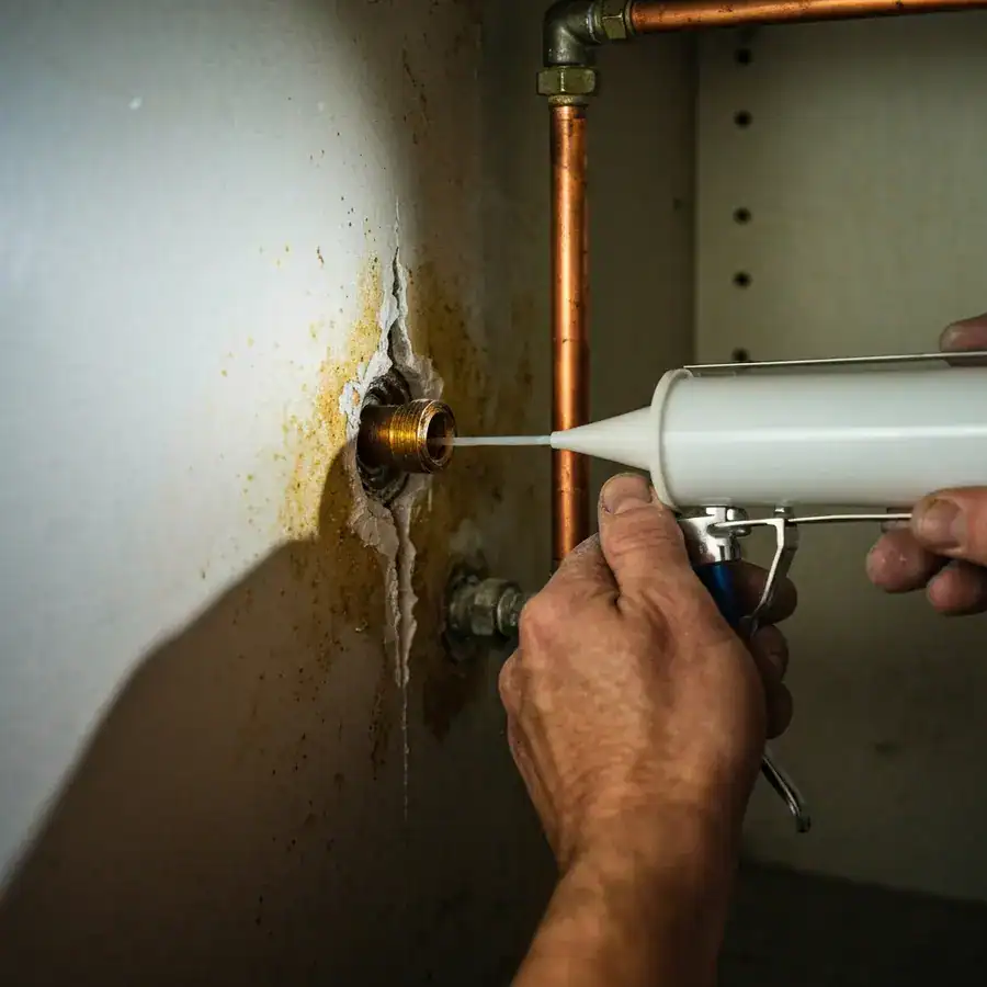 Close-up of a caulk gun sealing a gap around a copper pipe in a dusty, grime-stained kitchen wall void.