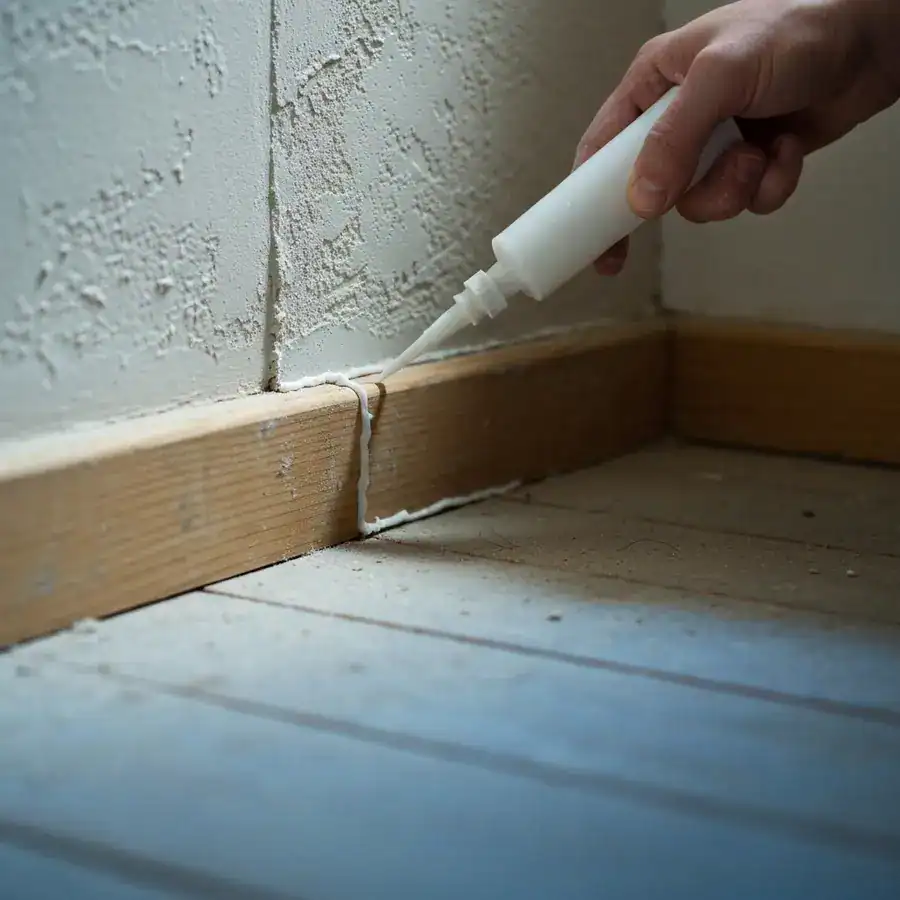 Close-up of a hand sealing a baseboard crack with caulk in a dusty, lived-in home corner.