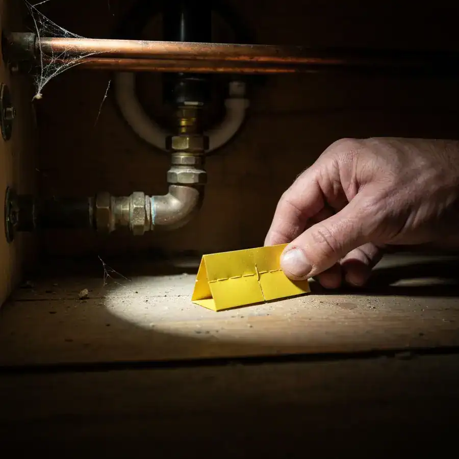 Hand placing a yellow sticky trap under a dark kitchen sink near copper pipes and dusty floorboards.