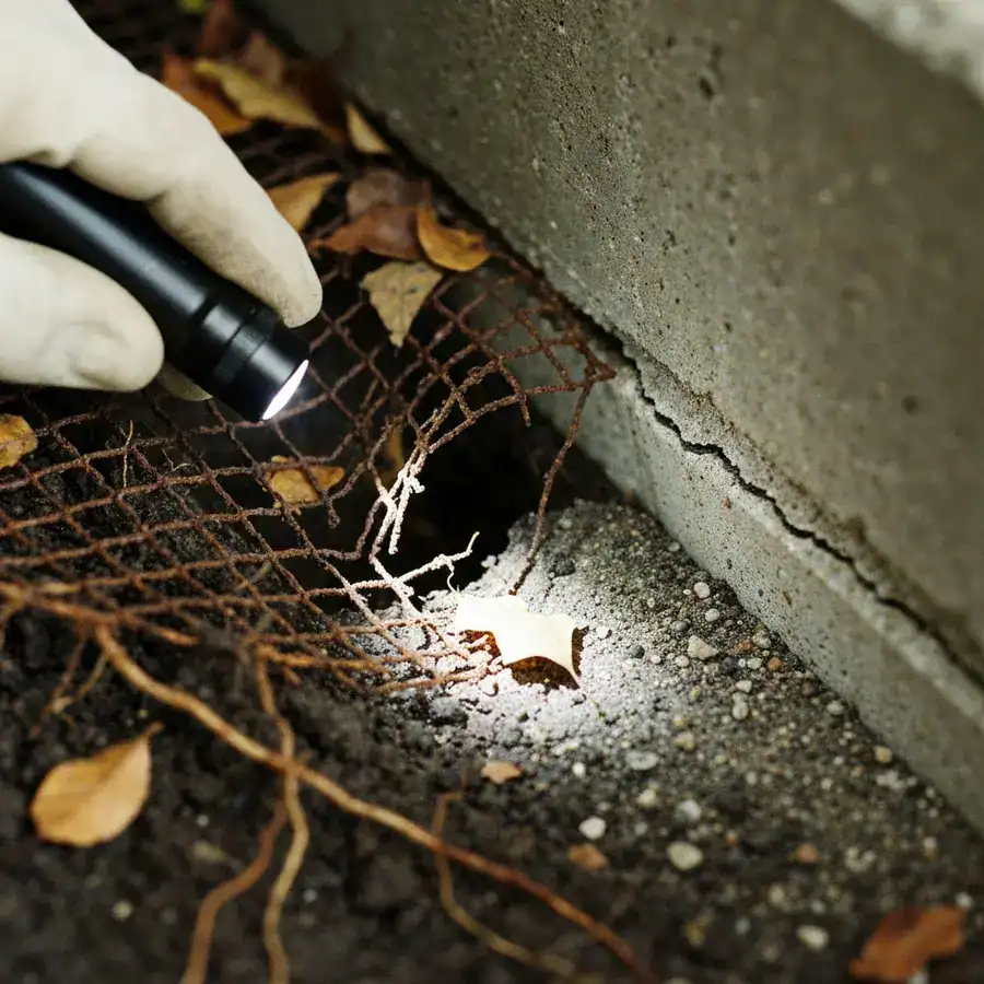 Flashlight illuminating rusted, torn hardware cloth mesh and a cracked concrete foundation in a dark crawlspace.