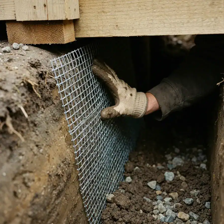 Gloved hand installing 1/2-inch galvanized hardware cloth into a dirt trench beneath a wooden shed foundation.
