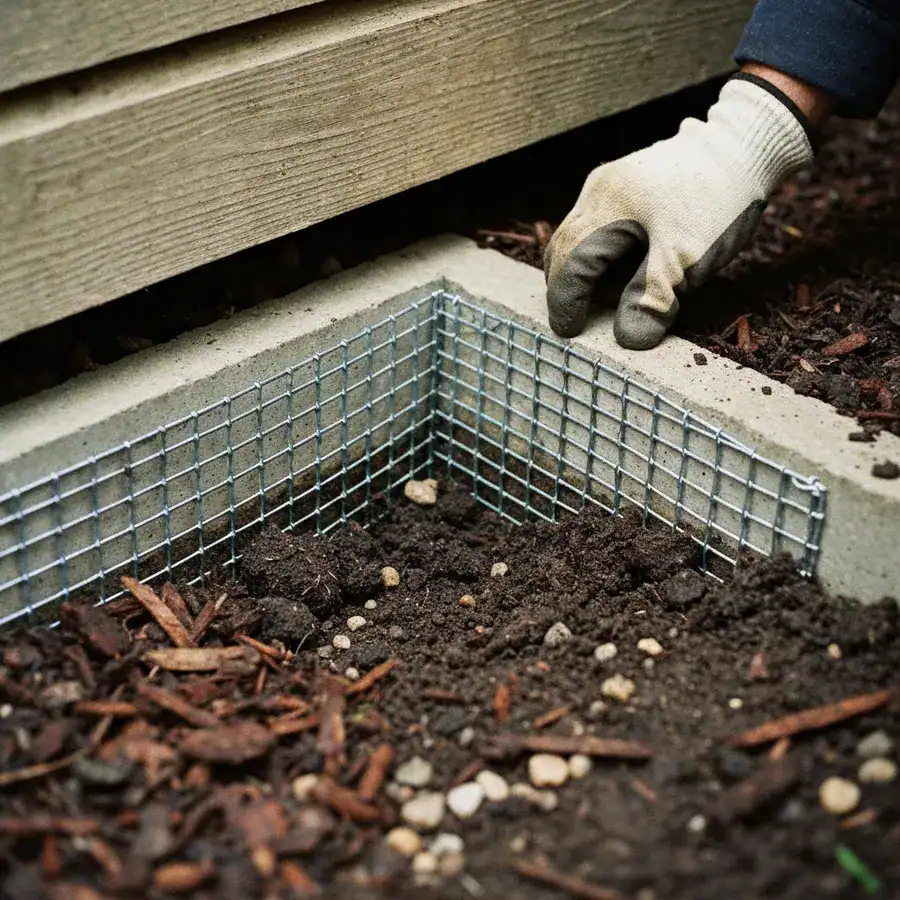 Close-up of woven wire hardware cloth L-shape barrier buried in damp soil at the base of a structure.