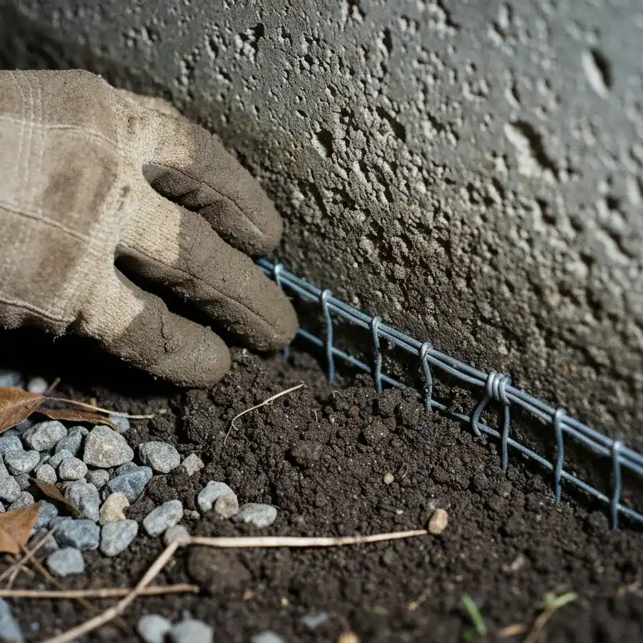 Gloved hand uncovering galvanized wire mesh at the base of a concrete foundation in dark, gritty soil.