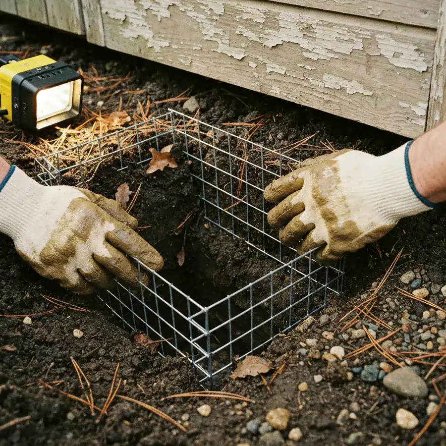 Gloved hands uncovering an L-shaped galvanized wire mesh barrier buried in the dirt at a shed's foundation.