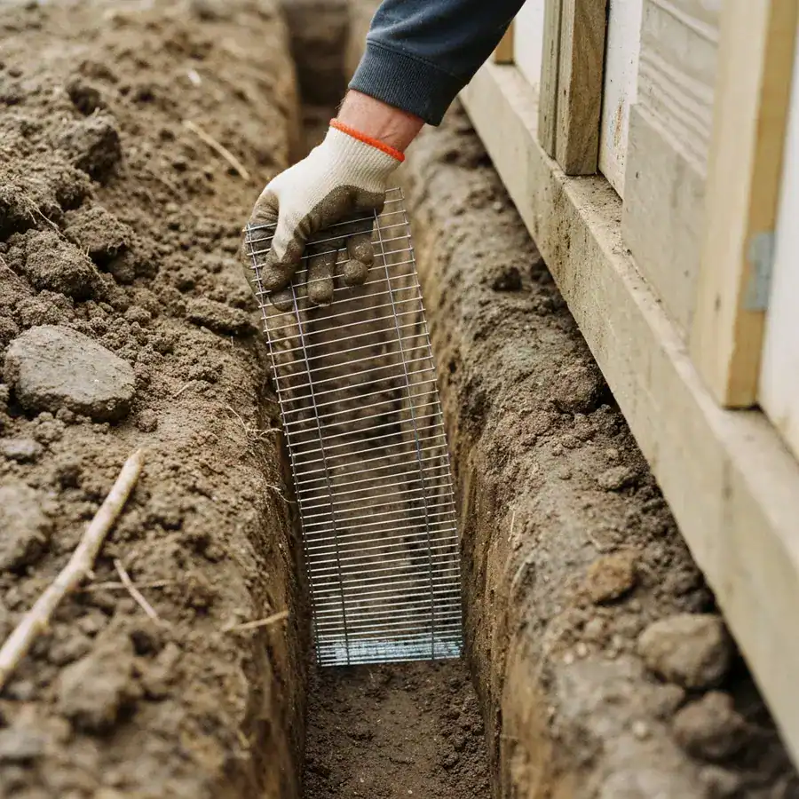 Close-up of galvanized wire mesh bent at a 90-degree angle inside a dirt trench next to a shed foundation.