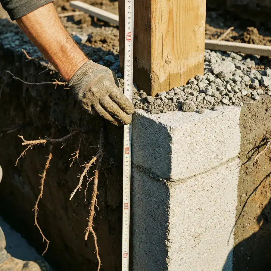 Gloved hand measuring a 4-inch thick concrete barrier edge next to a structural post in an earthen trench.