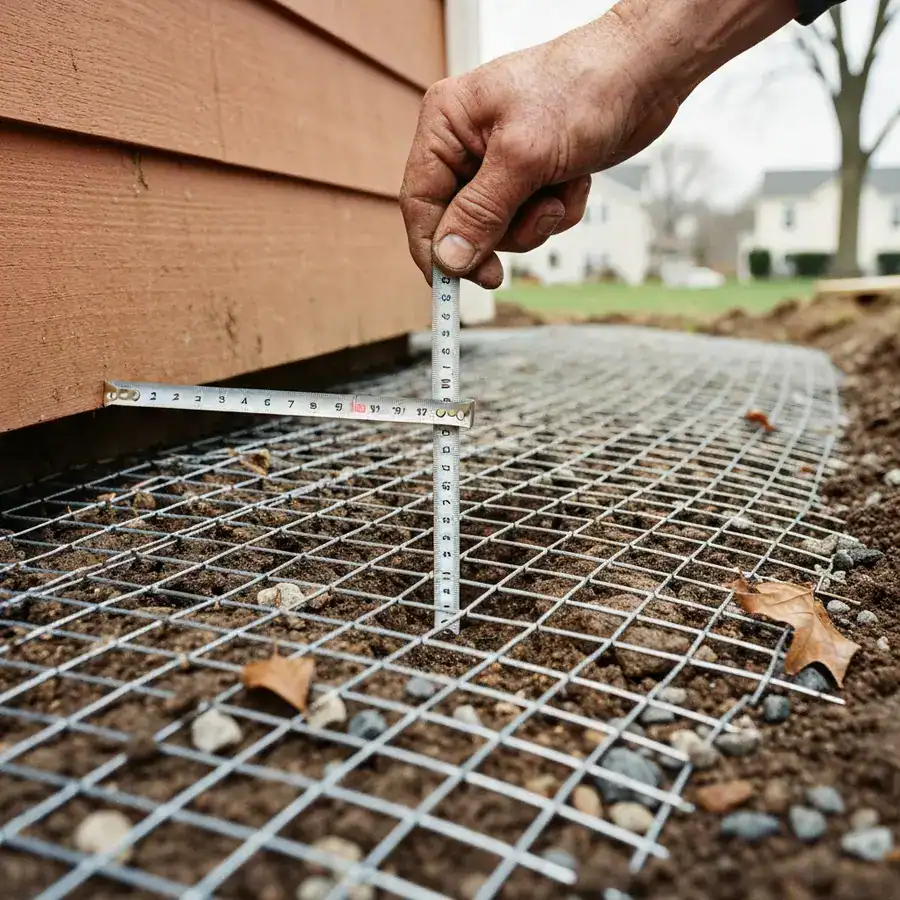 Close-up of a hand measuring wire mesh installed along the dirt-covered base of a backyard shed foundation.