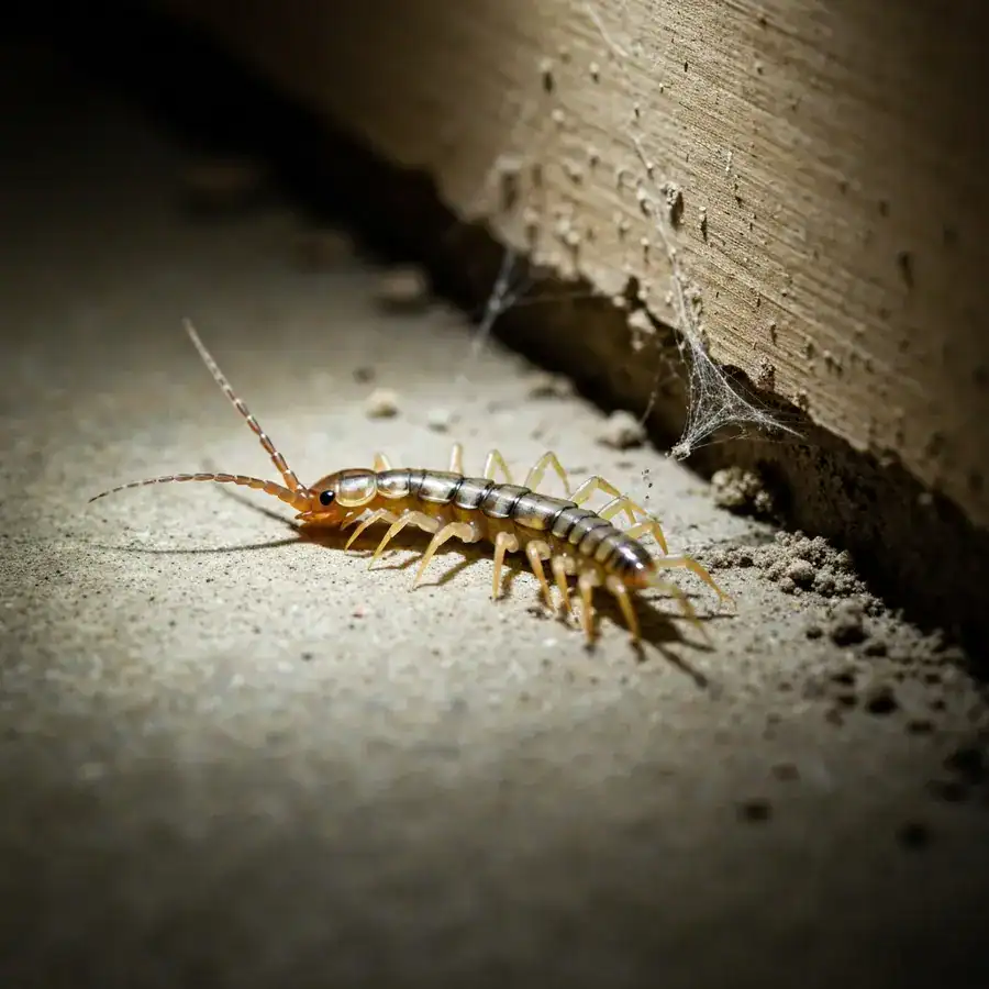 Close-up of a house centipede with long legs on a dusty concrete basement floor near a cracked baseboard.