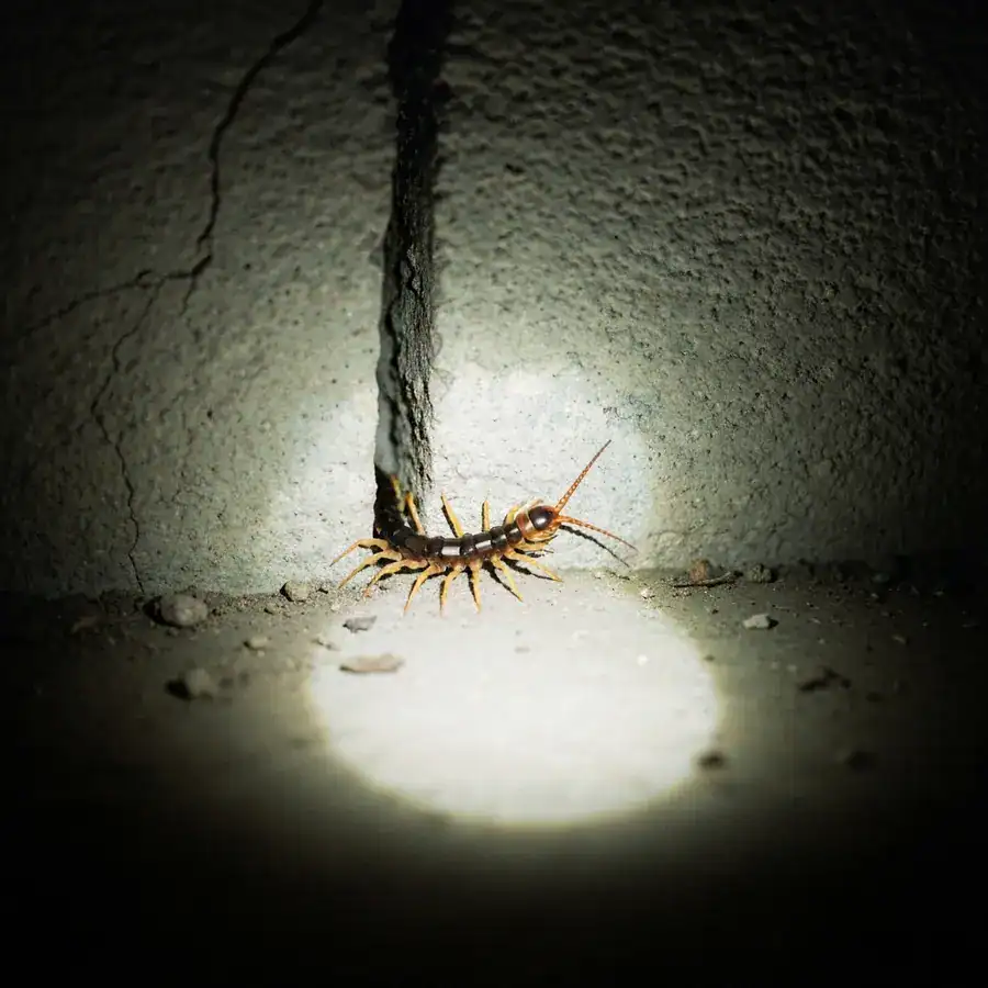 House centipede emerging from a foundation crack on a dusty basement floor under a bright flashlight beam.
