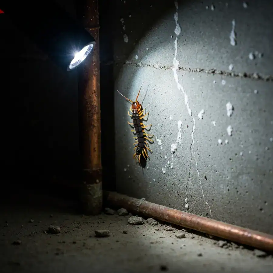 House centipede on a damp concrete wall illuminated by a flashlight beam in a dark residential basement corner.