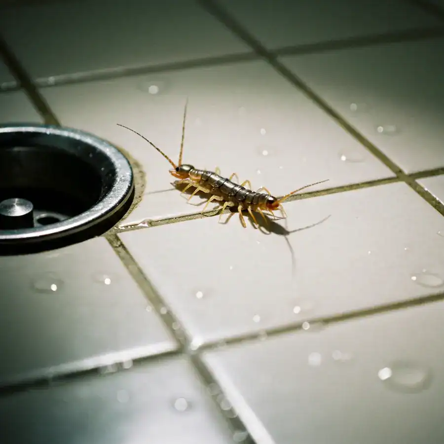 Close-up of a house centipede darting across damp bathroom tiles near a silver floor drain.
