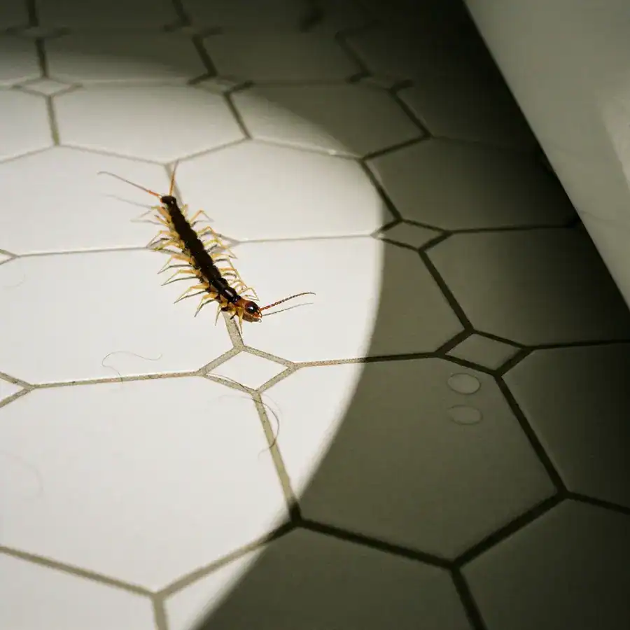 House centipede sprinting toward a foot's shadow on a white tiled bathroom floor under bright overhead light.