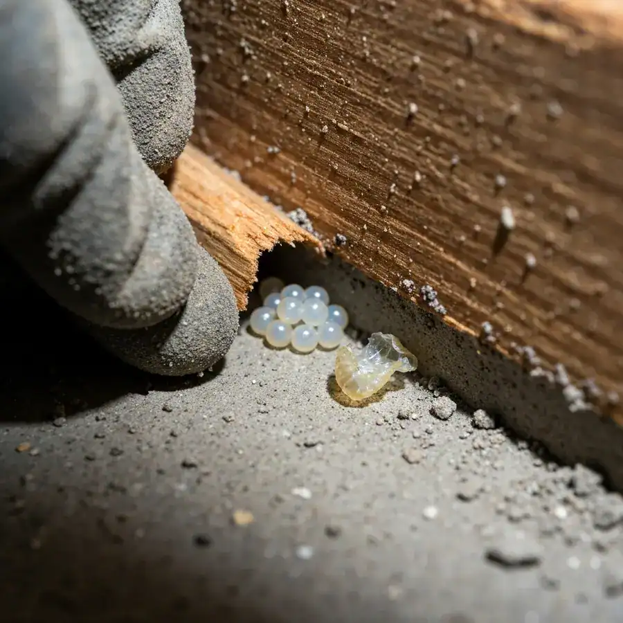 Centipede eggs and molted skin revealed behind a piece of rotting wood in a damp, dark basement corner.