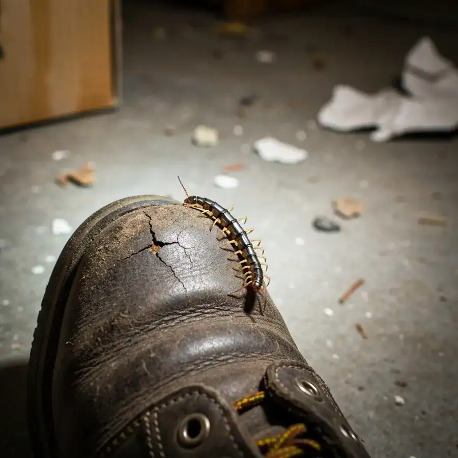 House centipede crawling on the rim of a leather work boot on a dusty concrete basement floor.