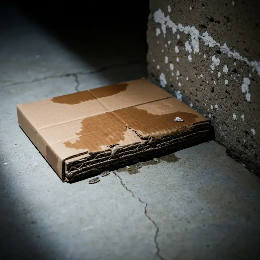Soggy cardboard box with water stains sitting on a cracked concrete basement floor near a dark foundation wall.