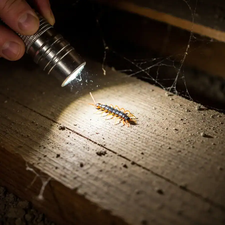House centipede illuminated by a flashlight beam on a dusty wooden basement joist during an inspection.