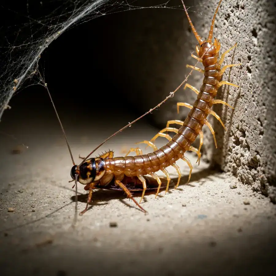 Close-up of a house centipede wrapping its legs around a cockroach on a dusty concrete basement floor.