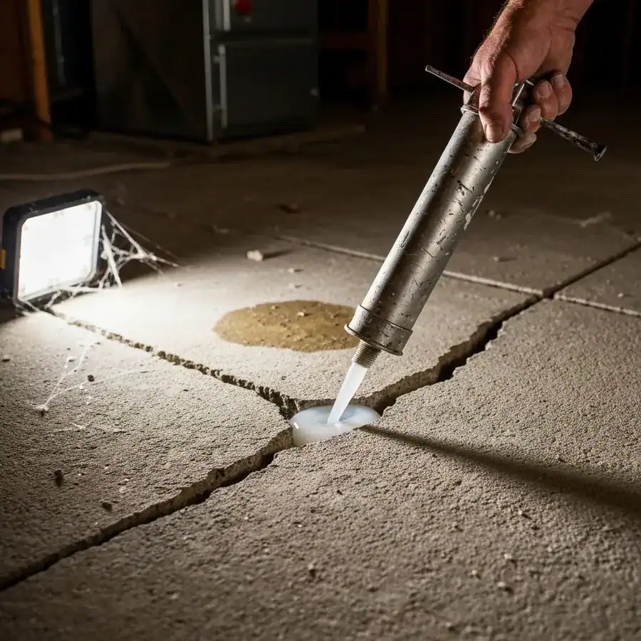 Hand applying silicone caulk to a jagged expansion crack in a dusty concrete basement floor.