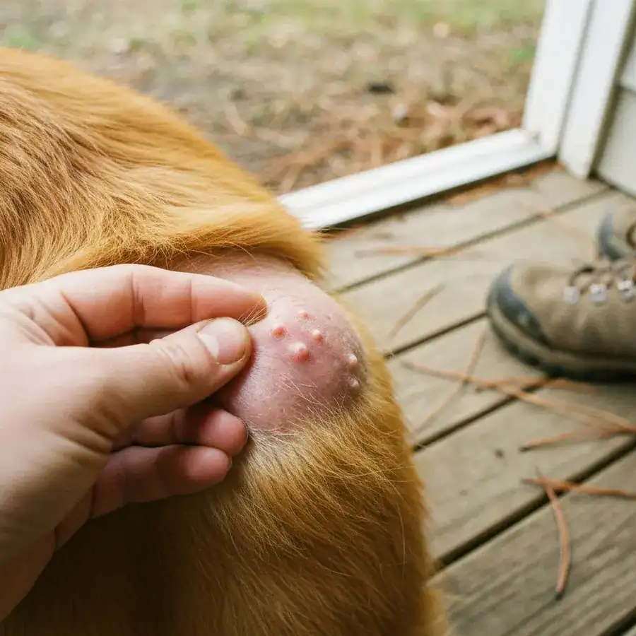 Close-up of a hand parting golden dog fur to inspect pink skin for irritation on a weathered wooden porch.